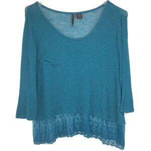 Heart-N-Crush XL Knit Blouse Blue 3/4 Sleeves Lace Hem Scoop Neck Lightweight